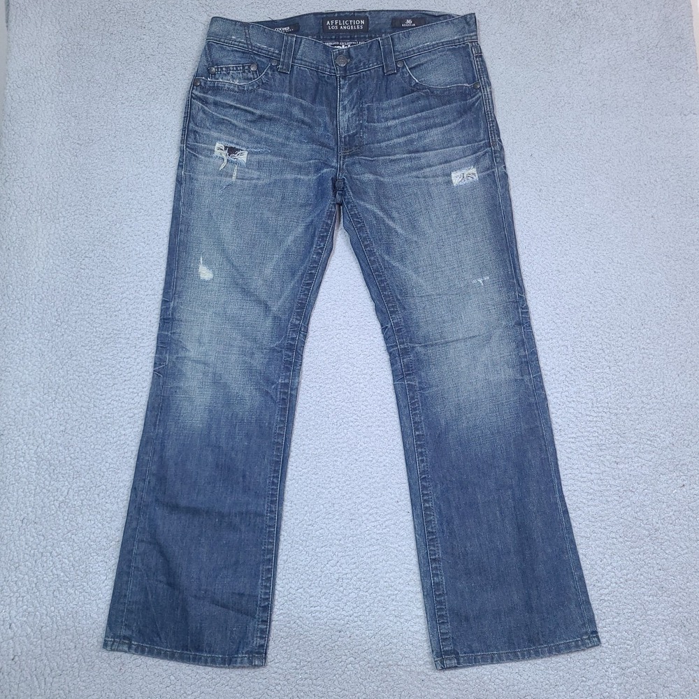 Affliction Jeans Mens‎ 38x32 Blue Cooper Relaxed Boot Cut Denim Distressed USA